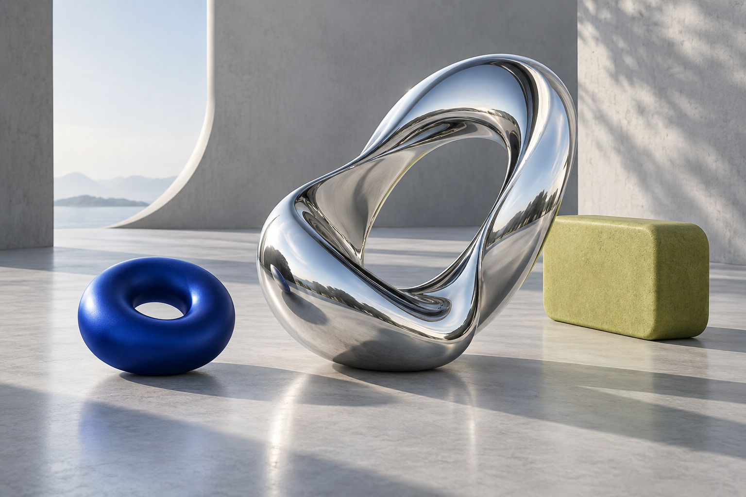 Chrome loop sculpture, cobalt torus and rounded green block in a softly lit studio
